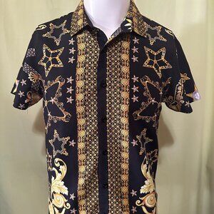 Phat Farm Luxury Design Men's Black Gold SS Button Front Shirt Medium Polyester